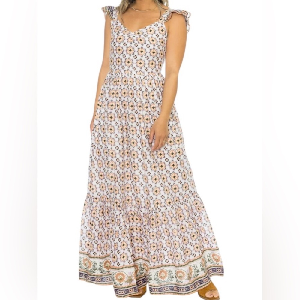 Cleobella Nica Cotton Block Print Ruffle Trim Sweetheart Cami Smocked Back Maxi
